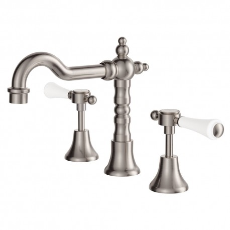 Lillian Lever Basin Set, Brushed Nickel with Ceramic White Handle